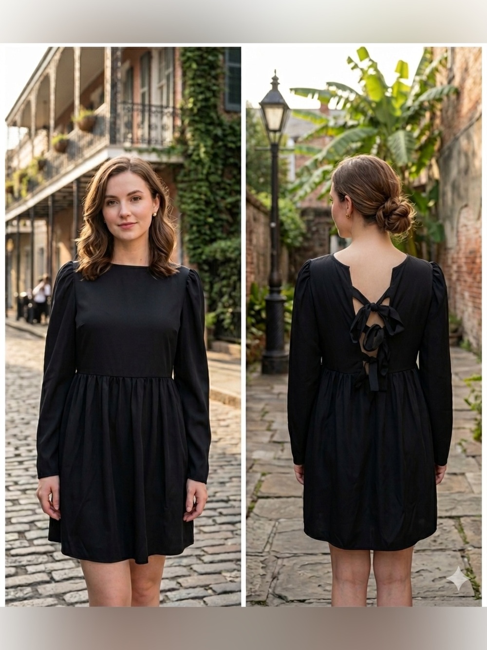 SHEIN Black Long Sleeve Tie Back Puff Sleeve Mini Dress Size Small